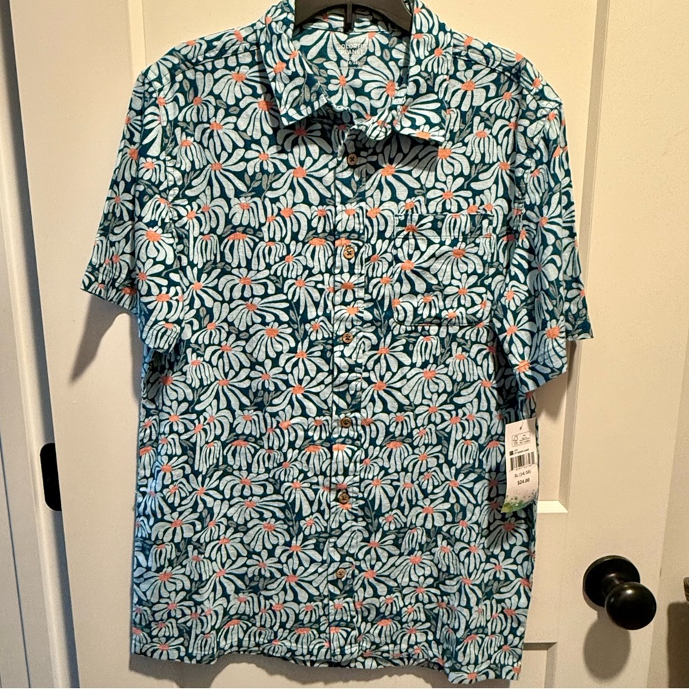 Colorful Planet Boy’s Button Down Woven Shirt Linen Blend Blue Floral XL (14/16)